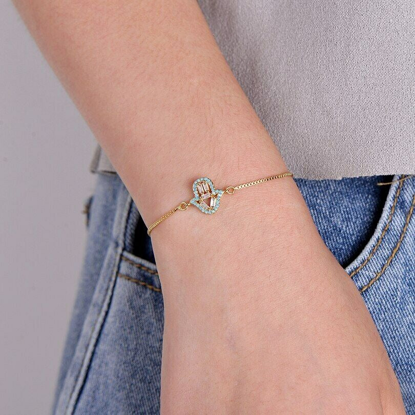 Small Rose Gold Blue Hamsa Hand Boho Cubic Zirconia Women's Adjustable Bracelet