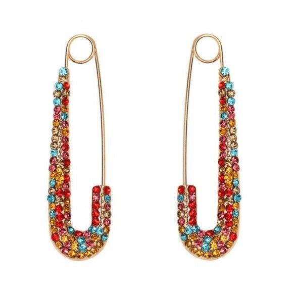 Pin Style Long Drop Pave Rhinestone Red Blue Gold Women's Earrings Boho Chic 