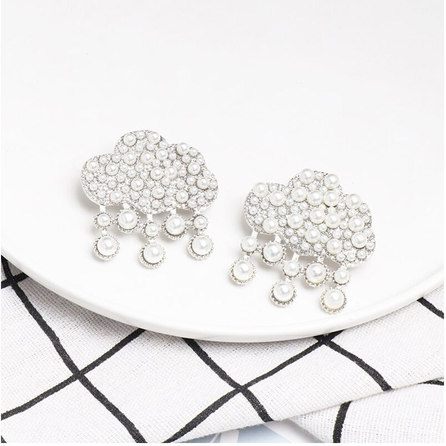 Silver Round Pearl Large Raining Cloud Fashion Drop Earrings Cute Cartoon