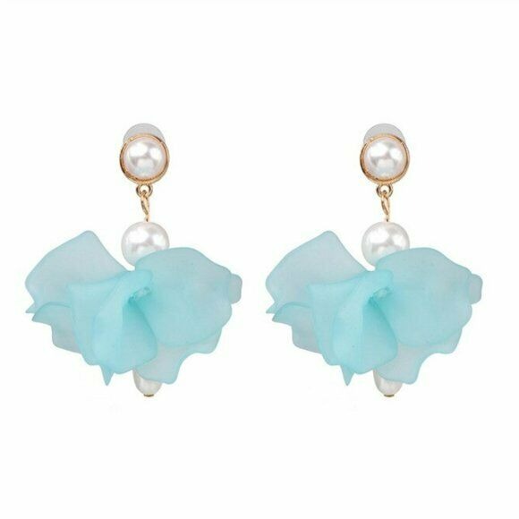 Light Blue Pearl Flower Large Statement Dangle Women's Earrings Fashion Nature 