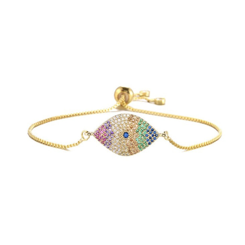 Gold Rainbow Cubic Zirconia Evil Eye Boho Symbol Women Adjustable Bracelet
