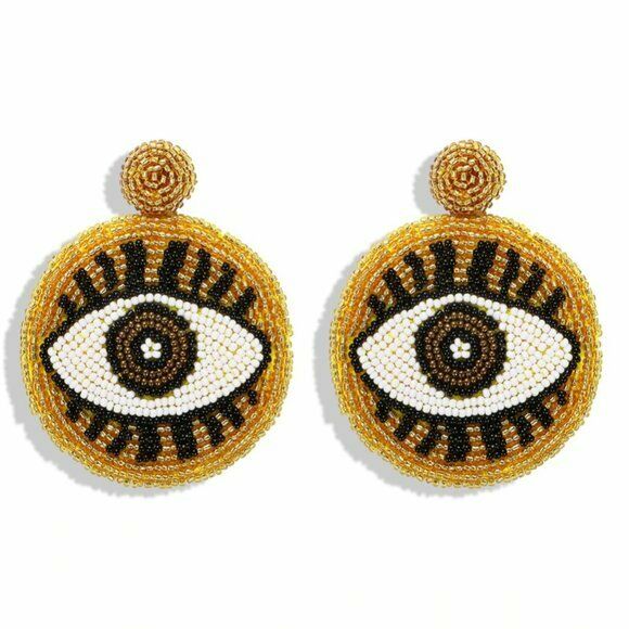 Yellow Brown Evil Eye Protection Symbol Boho Large Round Beaded Women's Earrings