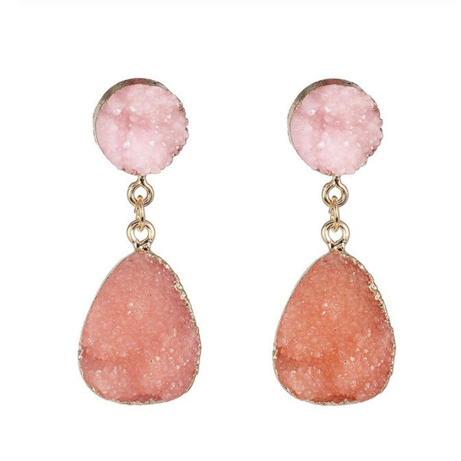 Pink Coral Gold Druzy Raw Stone Oval Drop Women's Fashion Earrings Party Chic