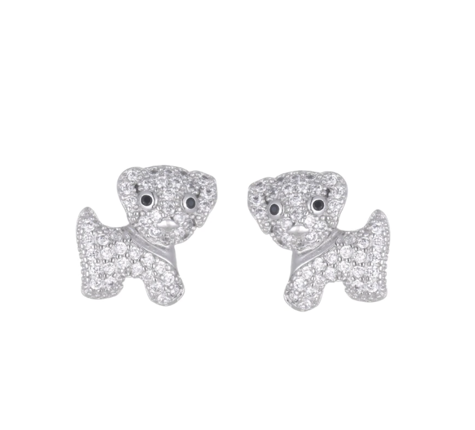 Sterling Silver Pave Cubic Zirconia Puppy Stud Earrings