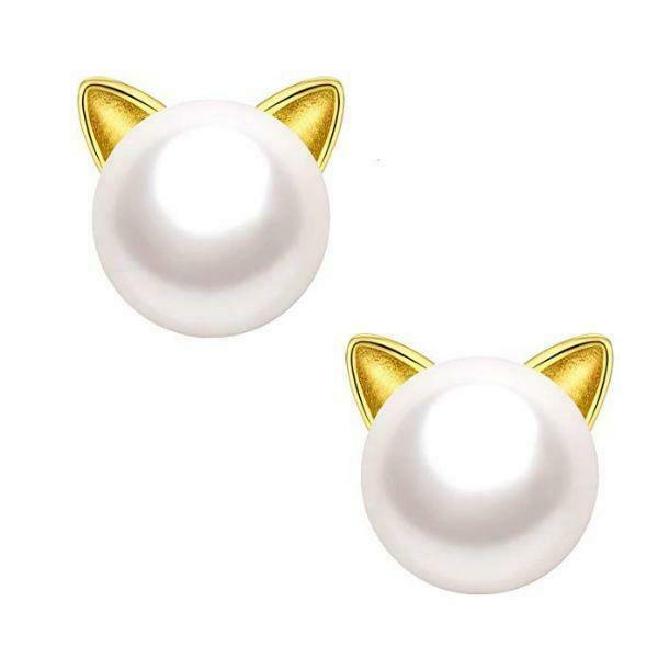 Yellow Gold Tone Simulated Pearl Cat Stud Earrings
