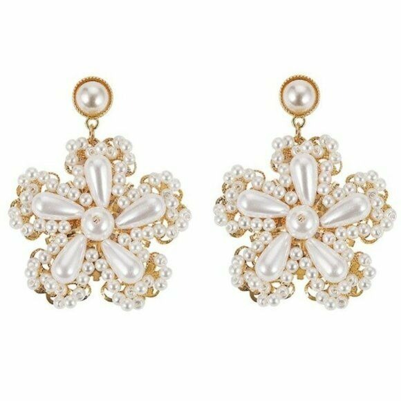 Gold Pearl Flower Baroque Large Retro Style Elegant Women's Drop Earrings Chic