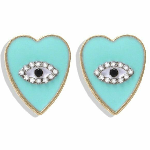 Blue Enamel Gold Heart Evil Eye Symbol Rhinestone Stud Earrings 
