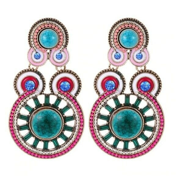 Turquoise Beaded Boho Long Round Drop Statement Gypsy Women's Earrings 