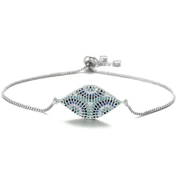 Silver Blue Cubic Zirconia Evil Eye Protection Symbol Women's Bracelet
