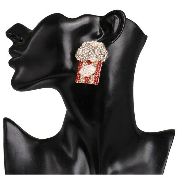 Gold Red Pearl Crystal Popcorn Bag Fun Large Women's Fashion Earrings Movies 