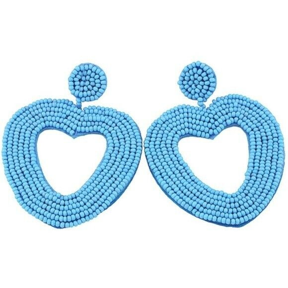 Large Heart Blue Beaded Statement Dangle Women's Earrings Summer Trendy Chic