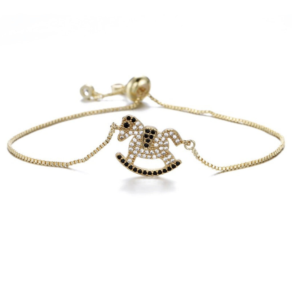 Gold Rocking Horse Cubic Zirconia Adjustable Bracelet