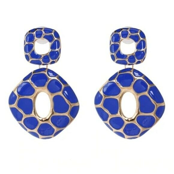 Blue Gold Square Retro Style Drop Women's Statement Earrings Party Blogger