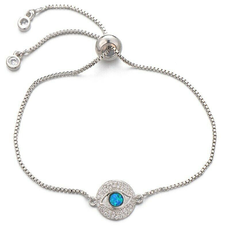Silver Small Round Evil Eye Opal Boho Cubic Zirconia Women's Adjustable Bracelet