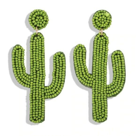 Light Green Beaded Cactus Long Dangle Statement Women's Earrings Fun Party 