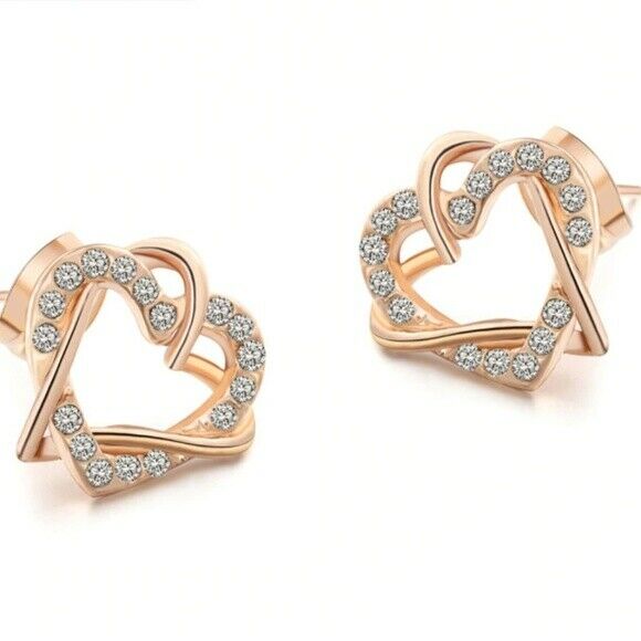 Rose Tone Entwined Hearts Cubic Zirconia Women's Stud Earrings Love Simple