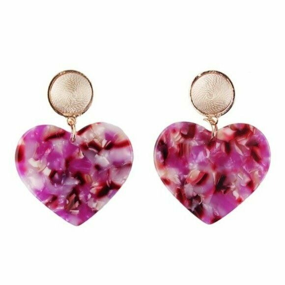 Gold Pink Large Heart Acrylic Retro Style Women's Drop Statement Earrings Party