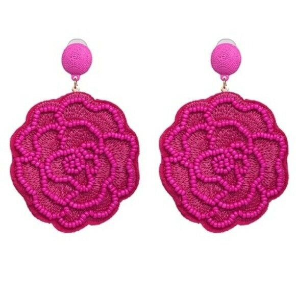 Magenta Pink Beaded Flower Large Statement Dangle Women's Fashion Earrings