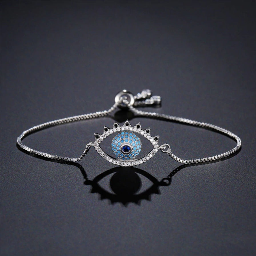 Silver Blue Pave Cubic Zirconia Evil Eye Cute Lash Boho Adjustable Bracelet