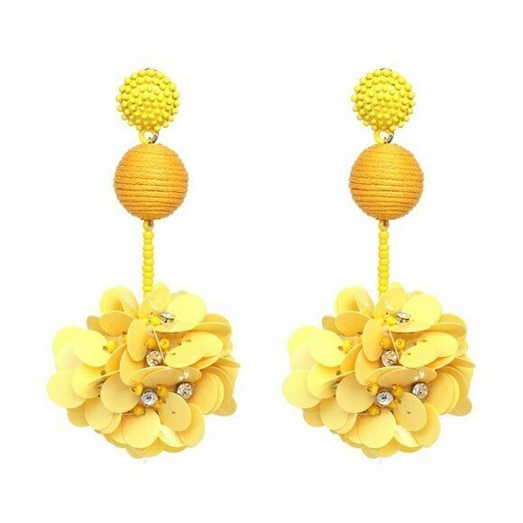 Yellow Beaded Sequin Flower Large Drop Women's Statement Earrings Nature Fun 