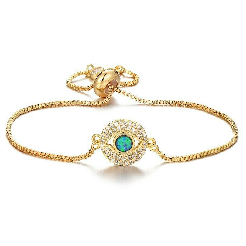 Gold Small Round Evil Eye Opal Boho Cubic Zirconia Women's Adjustable Bracelet