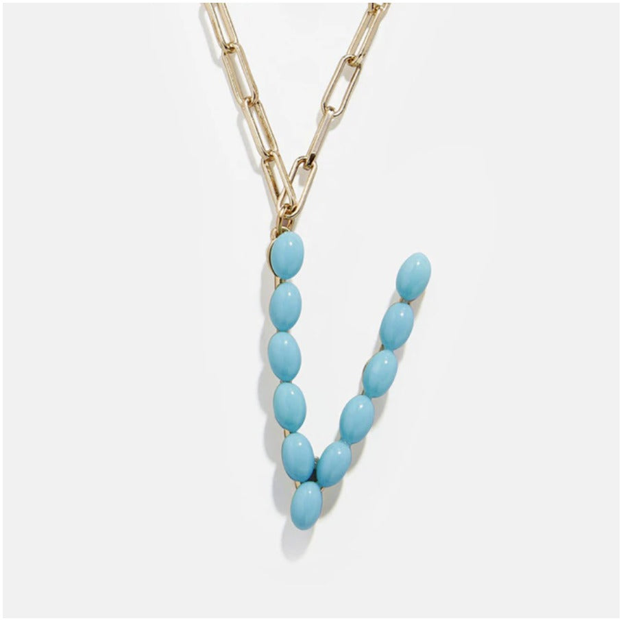Blue Bead Paper Clip Chain Initial Letter "V" Name Necklace