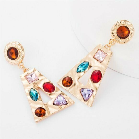 Large Gold Red Blue Rhinestone Baroque Triangle Women's Fashion Party Earrings