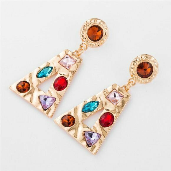 Large Gold Red Blue Rhinestone Baroque Triangle Women's Fashion Party Earrings
