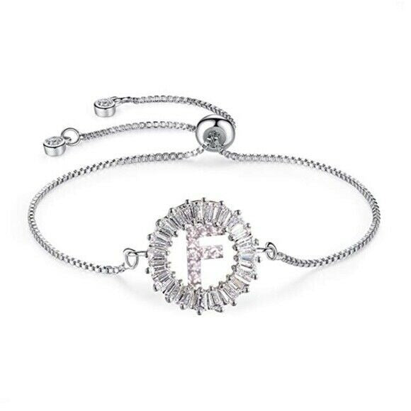 White Gold Plated Initial "F" Letter Cubic Zirconia Adjustable Women's Bracelet