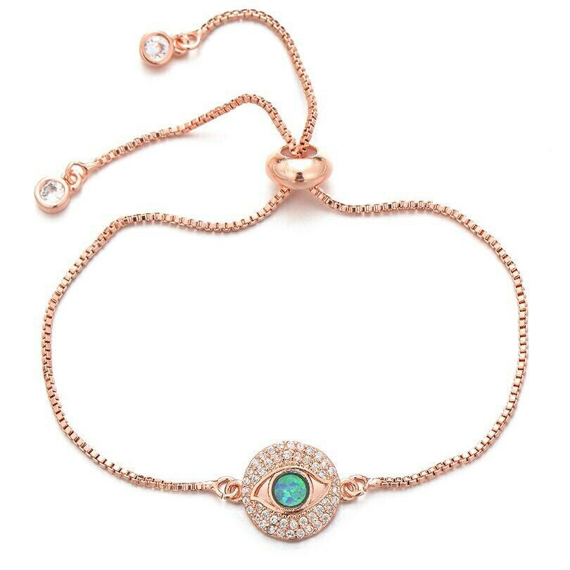 Rose Small Round Evil Eye Opal Boho Cubic Zirconia Women's Adjustable Bracelet