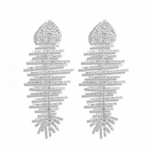 Silver Crystal Sparkly Fish Long Statement Women's Fashion Earrings Party Chic