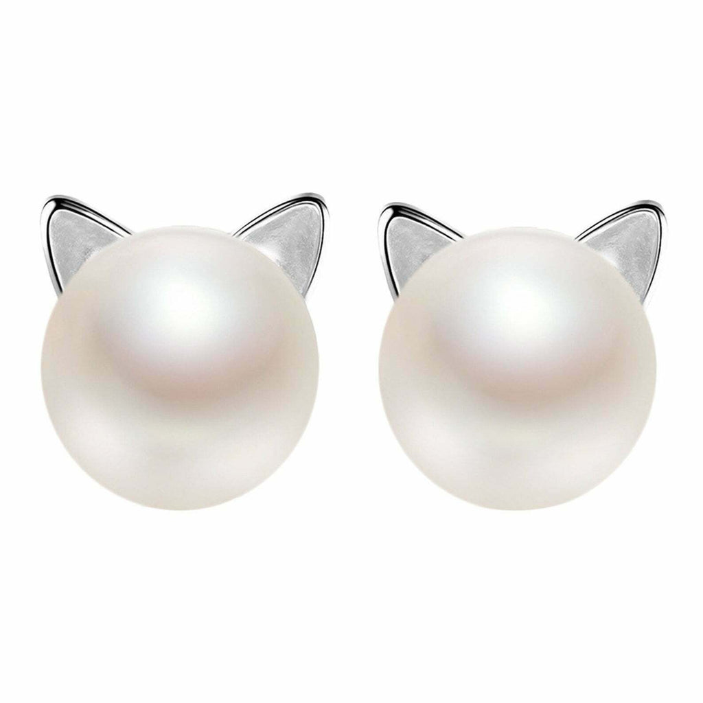 Silver Pearl Cat Animal Small Stud Earrings