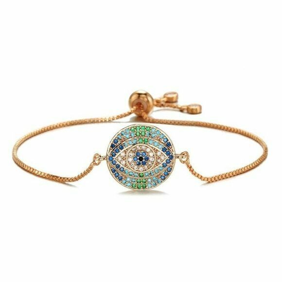 Rose Gold Round Evil Eye Symbol Cubic Zirconia Boho Women's Adjustable Bracelet