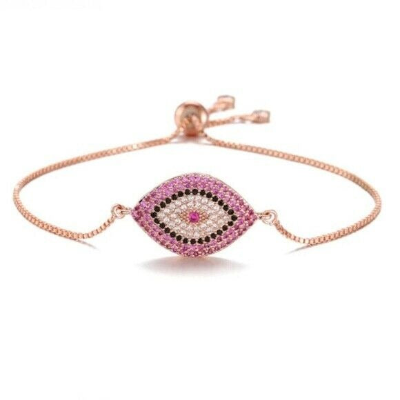 18k Rose Gold Pink Cubic Zirconia Evil Eye Protection Boho Adjustable Bracelet