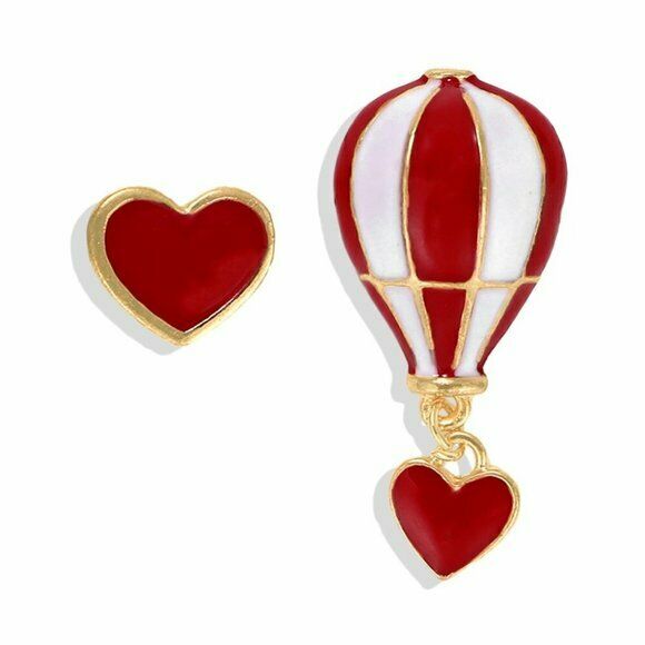 Red Gold Enamel Heart Hot Air Balloon Travel Women's Large Earrings Adventure 