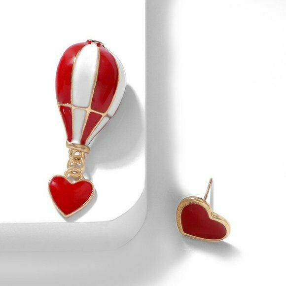 Red Gold Enamel Heart Hot Air Balloon Travel Women's Large Earrings Adventure 