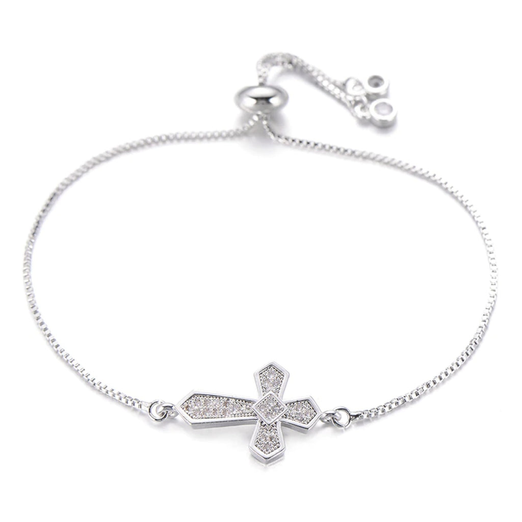 Dainty Cross Charm Silver Cubic Zirconia Adjustable Religious Bracelet