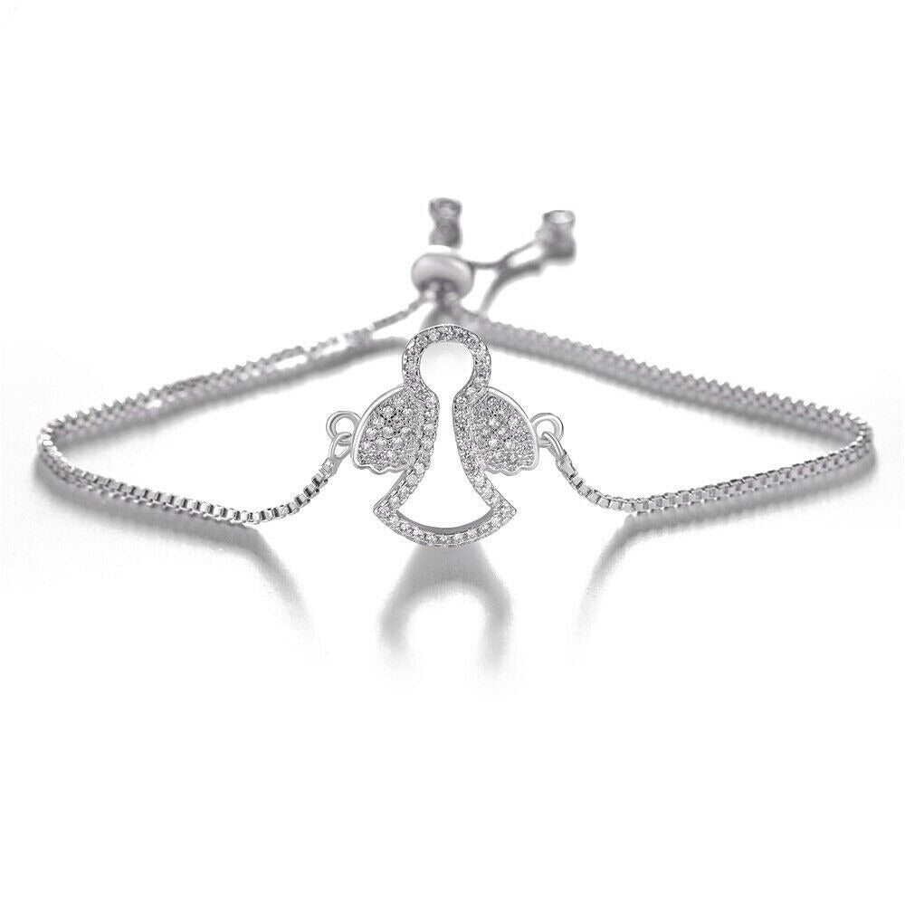 Angel Charm Silver Cubic Zirconia Adjustable Religious Bracelet Communion