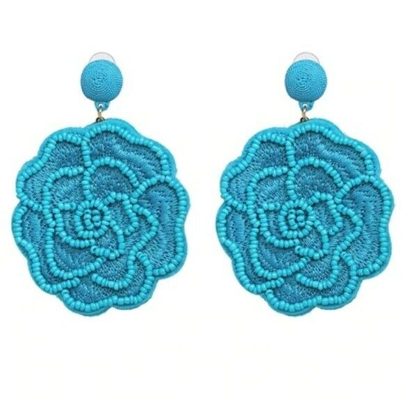 Blue Beaded Flower Large Statement Dangle Women's Fashion Earrings