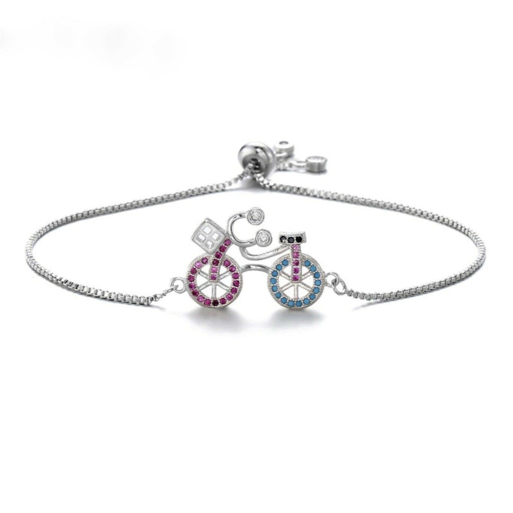 Cute Bike Cycling Hobby Pink Blue Cubic Zirconia Adjustable Silver Bracelet